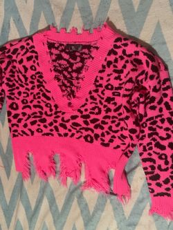 Pink Leopard Print Distressed Knit Sweater