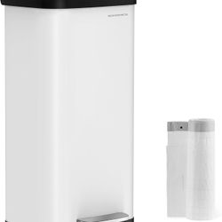 Kitchen Trash Can, 18-Gallon Stainless Steel Garbage Can, with Stay-Open Lid and Step-on Pedal, Soft Closure, Tall, Large and Space-Saving, White and 