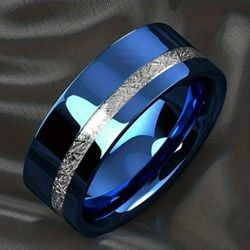Men's 8mm Tungsten Blue Silver Inlay Engagement Wedding Ring 