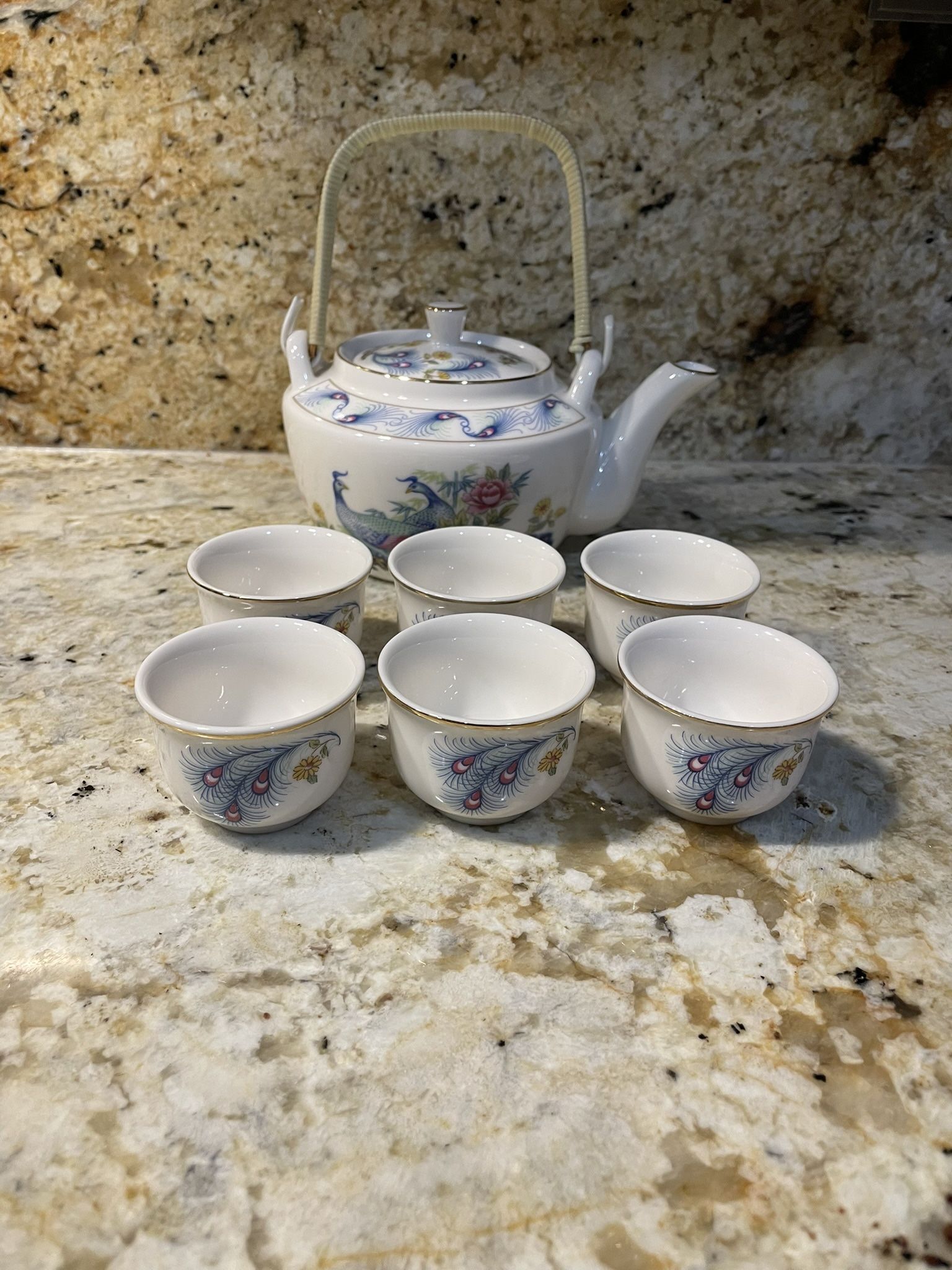 7pc Vintage Haeng Nam Snow Bone China tea set with a peacock design.