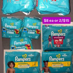 Pampers size 4-5-6 available $8 each 2/$15 0r 3/$21