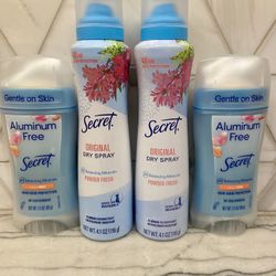Secret deodorants. Original Dry Spray, Powder Fresh scent, 4.1 oz each OR Aluminum Free Dry Solid, Notes of Rose scent, 2.4 oz each. 