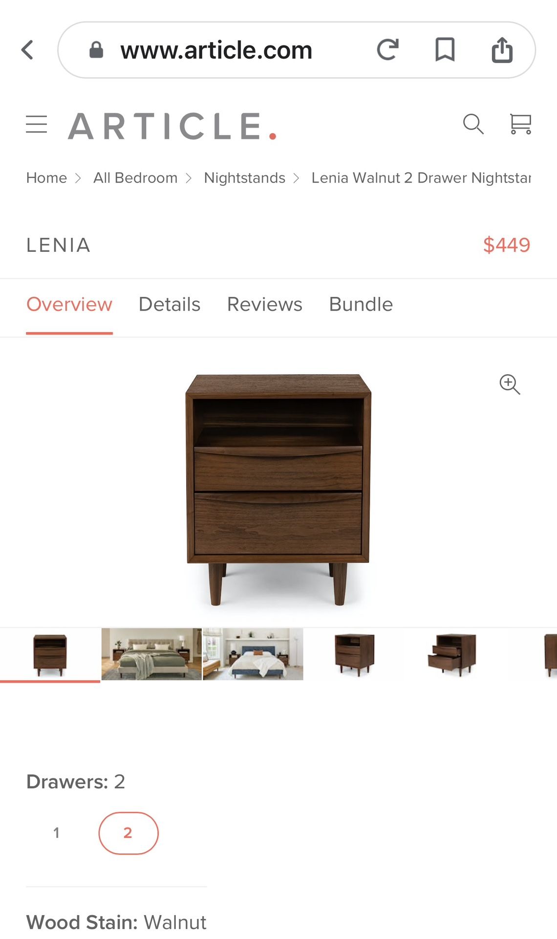 Brand New Article Lenia Walnut 2 Drawer Nightstand