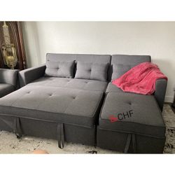 80”W Dark Gray  / Light Gray Linen Convertible Sleeper Sofa with Side Pocket // August Sale