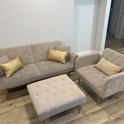 Suede Futon Couch and Accent Chair with Large Ottoman (Pillows Included) | $300 OBO 