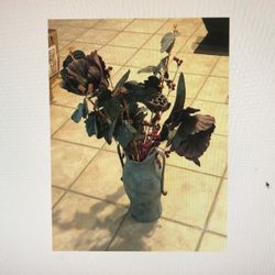 Ceramic Vase With Metal Handles And “metallic” Artificial Flowers