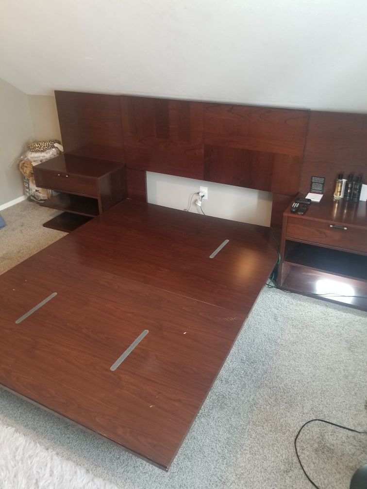 Red Oak Platform bed with attached nightstand w/ lighting