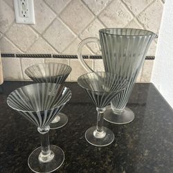 Vintage Hand Blown Pitcher And Three Martini Glasses