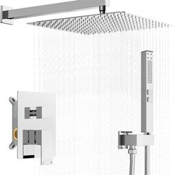 Rainfall Shower System 12 Inch Chrome Wall Mount Brass Bathroom Shower Faucet Set Shower Head with 2 in 1 Handheld Spray