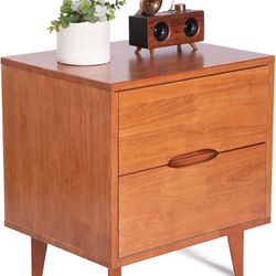 Mid Century Modern Grooved Handle Wood Nightstands Side Table Bedroom Storage Drawer and Shelf Bedside End Table, 2 Drawer (Caramel)
