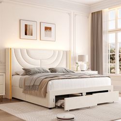 Queen Size Velvet Wingback Upholstered LED Light 2 Drawer Storage Bed