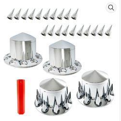 4pcs Chrome Semi Truck Rear Hub Cover Wheel Axle Covers Center Caps Set 33mm Screw-on Lug Nuts 22.5” 24.5” Semi Truck peterbilt Volvo