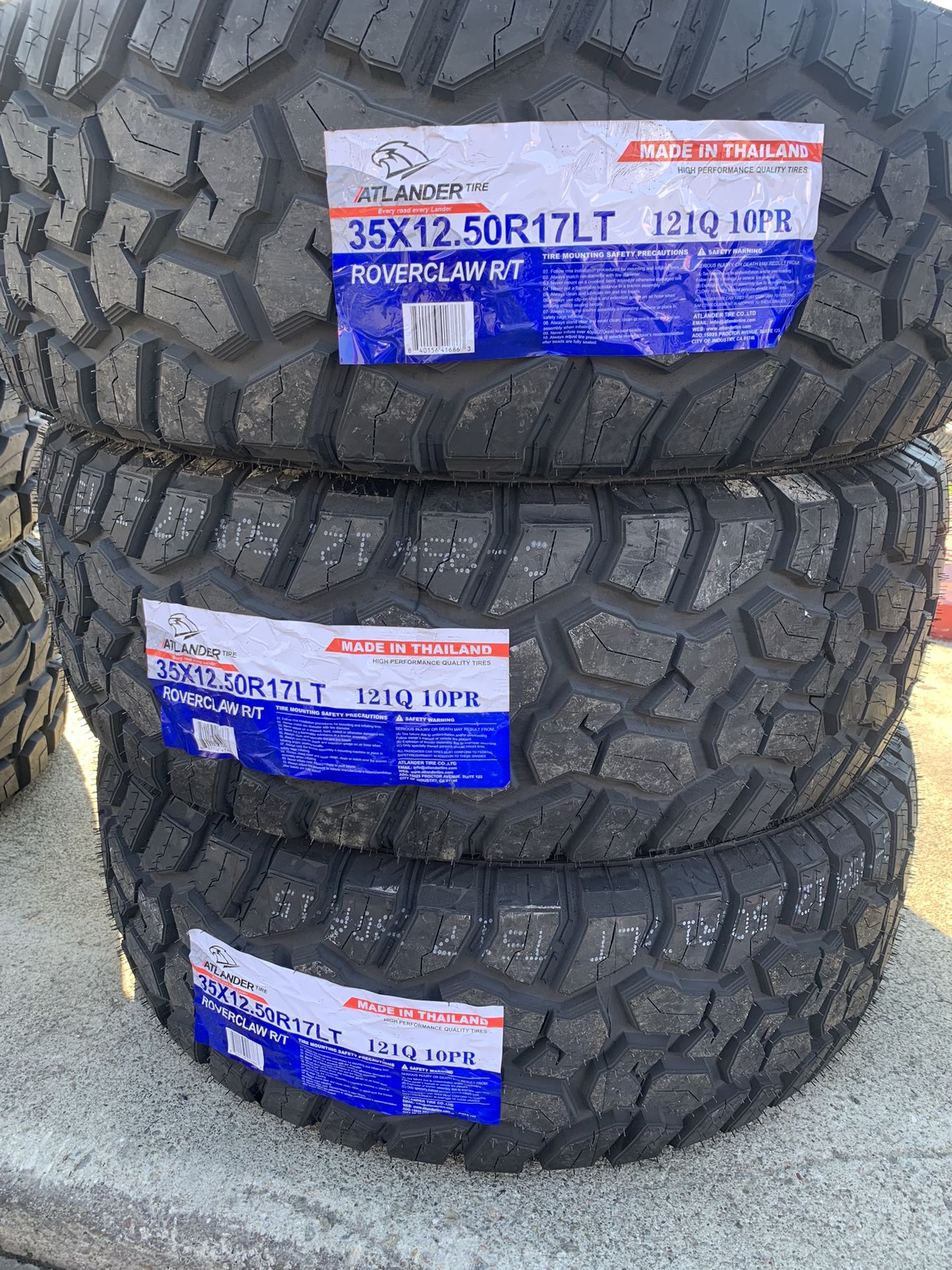 Brand new 35x12.50r17 Atlander roverclaw R/T with installation set of 4 tires available in stock We finance