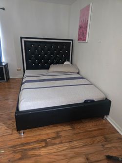 4-Piece Black Faux Leather Bedroom Set with Rhinestone Accents