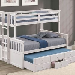 Brand New White Twin Over Full Bunk Bed w Trundle Bed + Drawers 