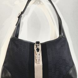 GUCCI GG Vintage Jackie Sherry Line 001 4057 Black Cream Hobo Shoulder Bag Purse Small Size 