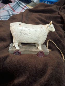 Vintage Cow Pull Toy Figurine on Wheels