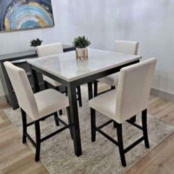 ✅️✅️5 pc dark finish wood white faux marble top square counter height dining table set. This set includes the table and 4 - side chairs padded seats✅️