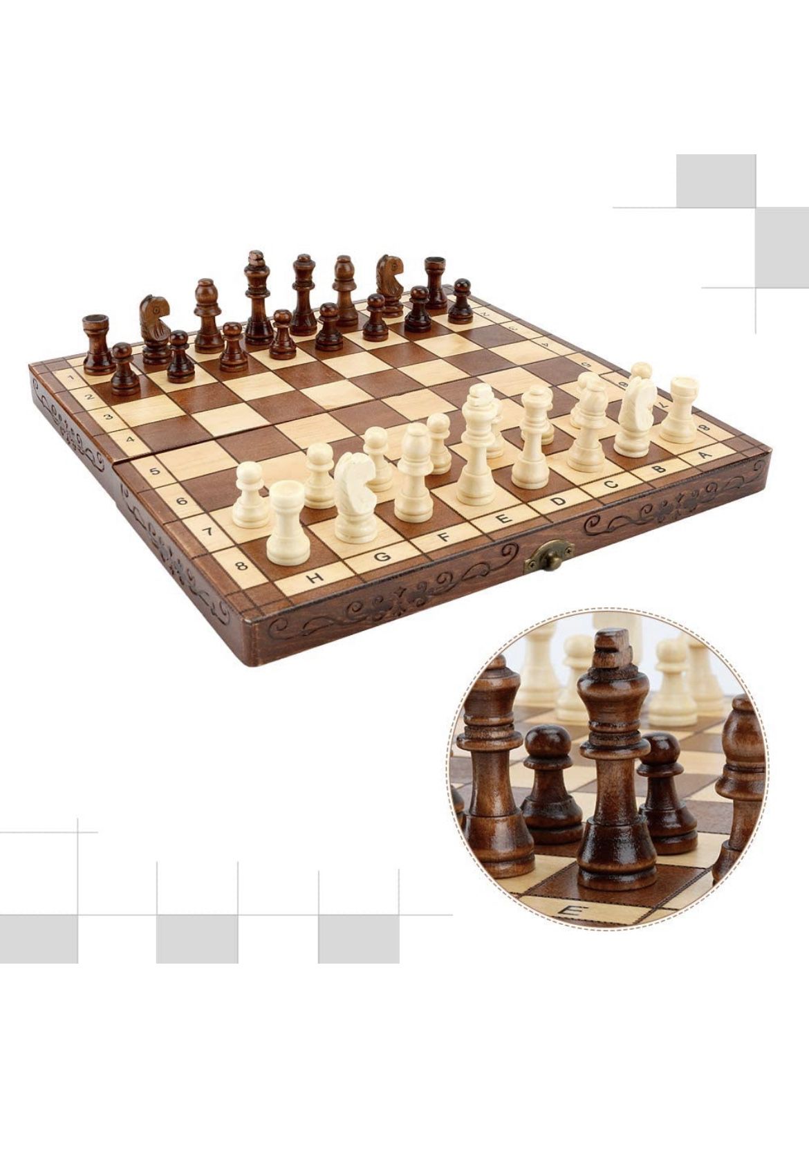 Folding Hand Crafted Wooden Chess Set Chess Board for Kids and Adults 30 x 30 cm