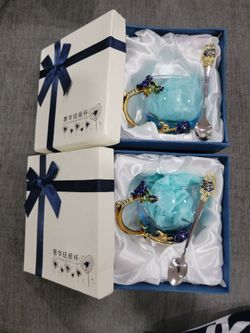 Luxury Enamel Glass Tea Cup with Spoon Gift Set