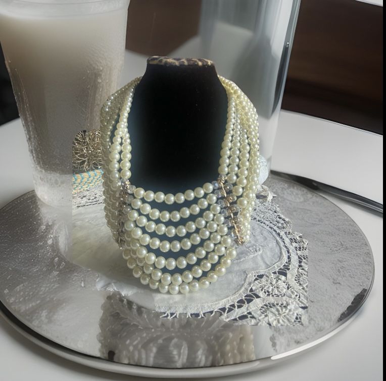 You And I Design Elegant Seven Strands Faux Pearls And AB Rhinestones Chocker Necklace