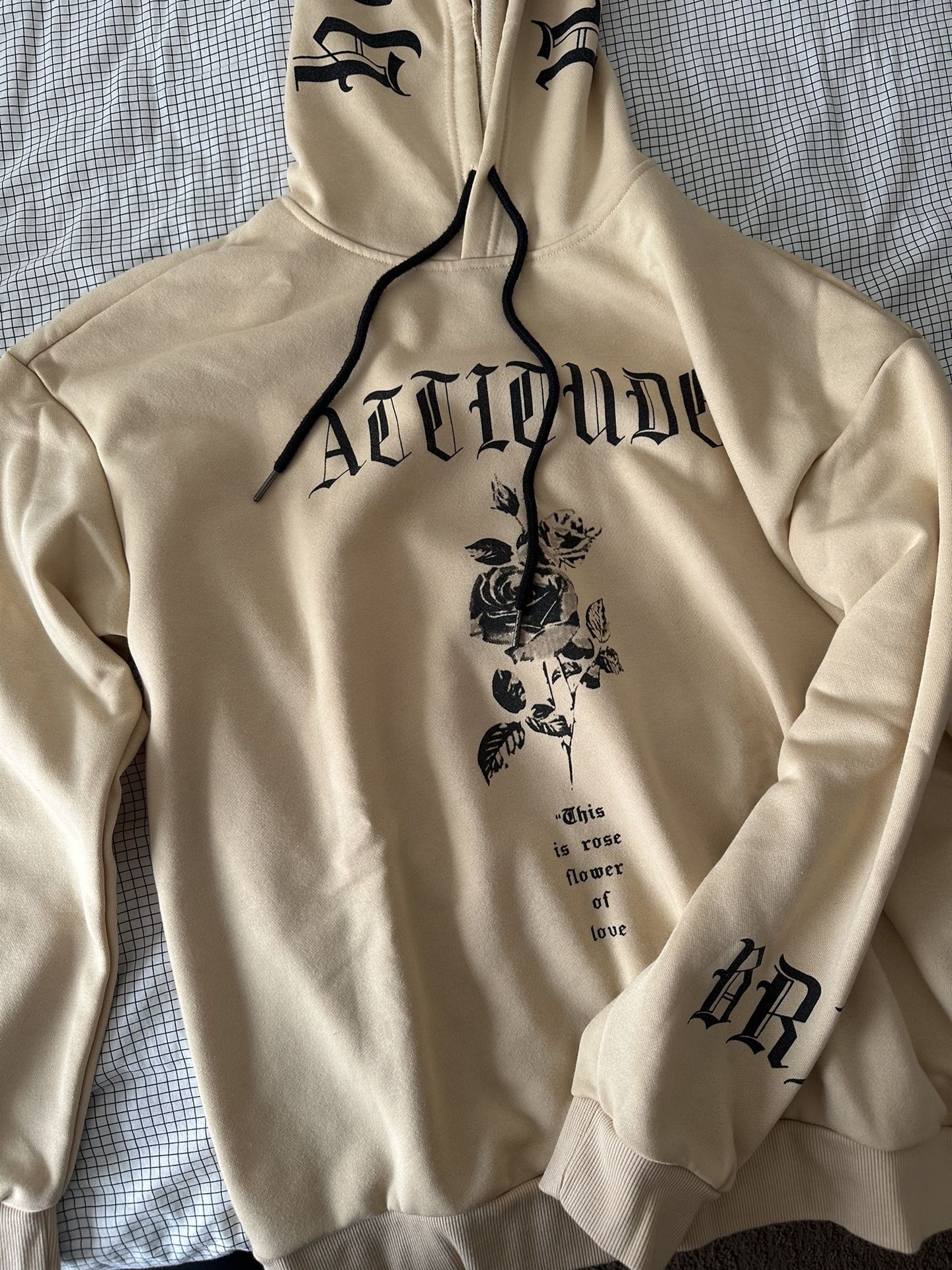 Brand New Men’s Letter Floral Print Drawstring Long Sleeve Hoodie Casual Sweatshirt Beige M