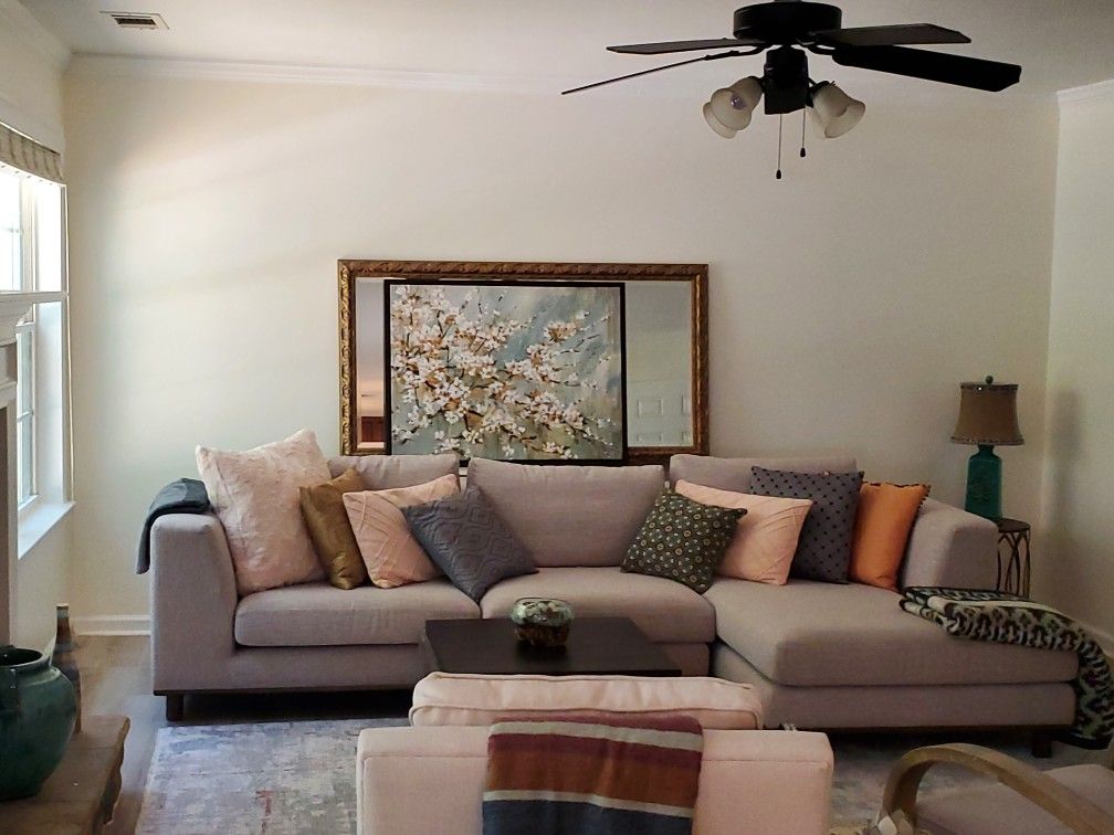 2 Piece Sectional With Chaise- Off White Fabric- Low Profile