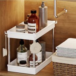 Under Sink Organizer and Storage, 2-Tier Under Bathroom Sink Storage Organizer Bath Collection Basket with 4 Hooks,Under Sink Shelf Organizer Rack,Mul