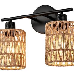 2 Light Rattan Vanity Light Boho Vanity Lighting Fixture Woven Bathroom Vanity Wall Light Coastal Tropical Bathroom Light, Rustic Natural Style Wall M