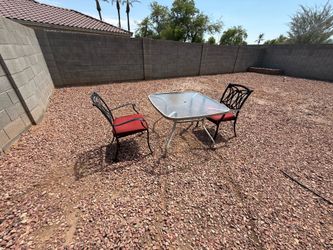 3 Pc Outdoor Patio Set Glass Top Table 2 Metal Chairs Red Cushions
