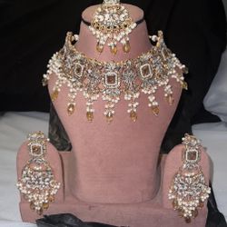 Gold and Pearl drop Statement Choker Earring Set