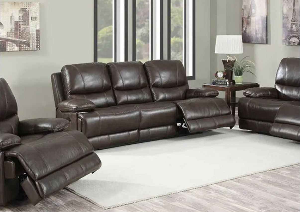 Top Grain Leather Reclining Sofa Set – Chocolate Brown