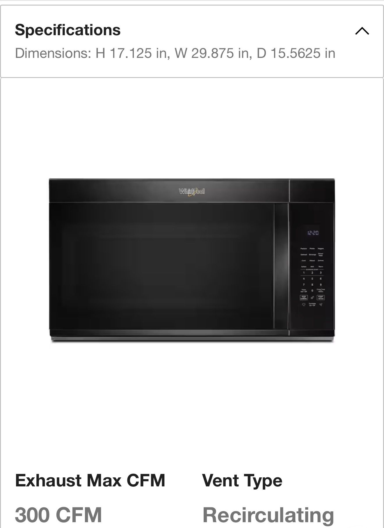 Whirlpool 30 in. Over-the-Range Microwave