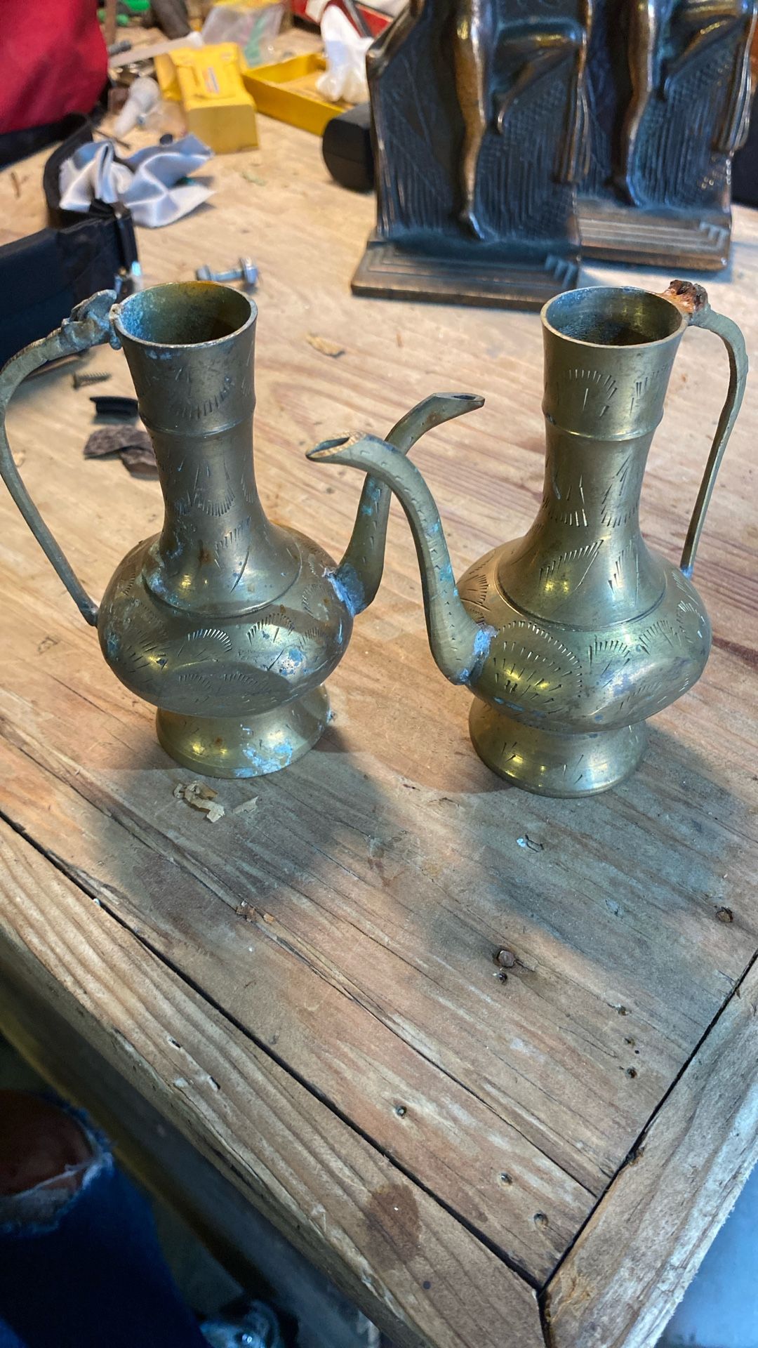 Set Of Two Small Brass Etched Teapot Pitcher Missing Top