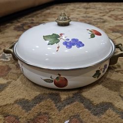 Vintage Lincoware Enamelware Brass Handle Casserole Server W/ Lid Dutch Oven 