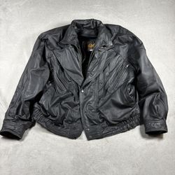 Vintage 4u Mens Size Large Black Leather Bomber Flight Jacket 80s 90s