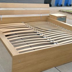 Gorgeous IKEA King Hopen Platform Bed Frame w/ Matching Rolling Nightstands