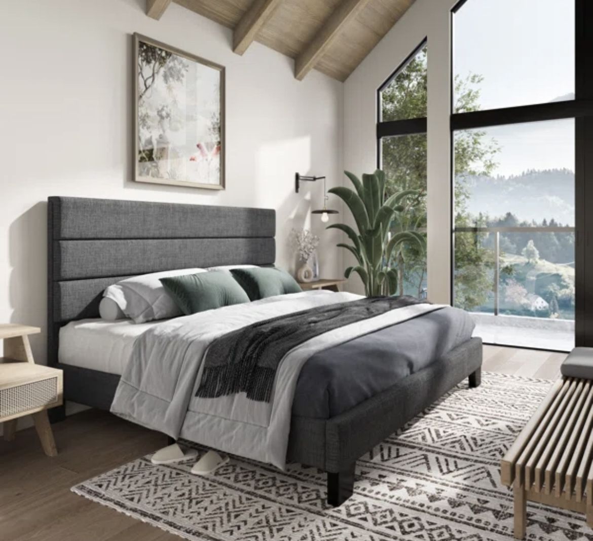 Elison Platform Bed with Fabric Upholstered Headboard and Wooden Slats -KING/Dark Grey