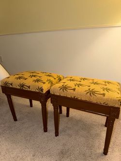 Pair of Upholstered Ottomans with Palm Tree Print