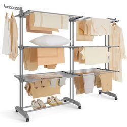 SONGMICS Clothes Drying Rack 4-Tier Foldable Laundry Drying Rack w/ Extendable Rods Stainless Steel - Gray