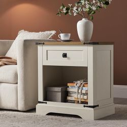 E912 $40  24" Farmhouse Nightstand with Charging Station, Large End Table with Drawer and Open Storage Cabinet, Rustic Wood Bedside Table Sofa Table f