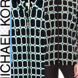 Michael Kors Foulard Green Geometric Sports Print Zip-Up Roll-Tab long sleeves zip up shirt blouse Size m