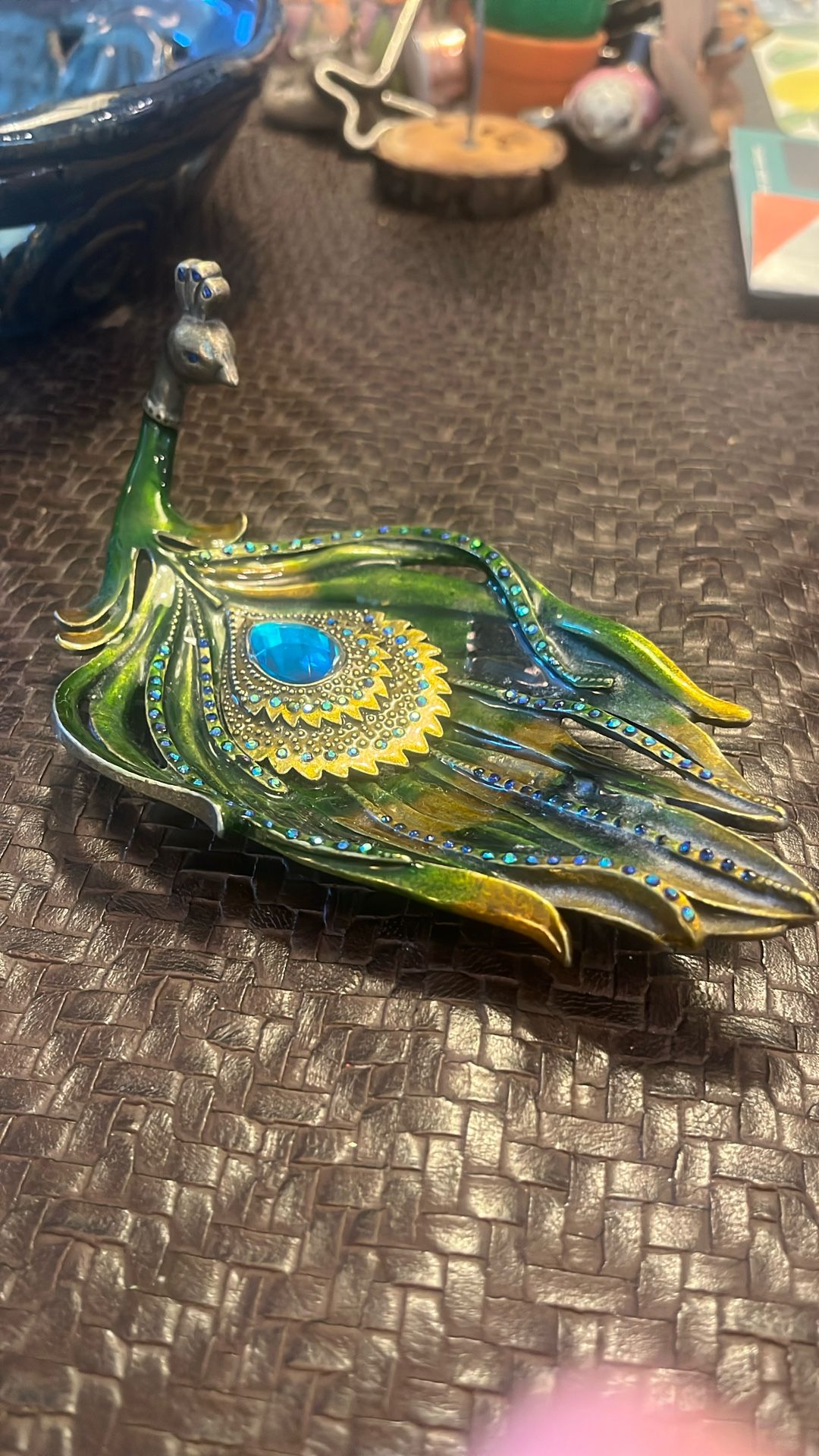 Vintage Enamelled Jeweled Brass Peacock