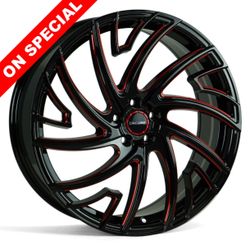 OFFER- DBM ENC GLOSS BLACK RED MILLING 22X8, 5X100/5X108/5X110/5X112/5X114.3/5X120