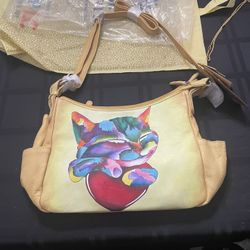 New Sukriti Leather Hand Painted In India Colorful Cat Purse Bag
