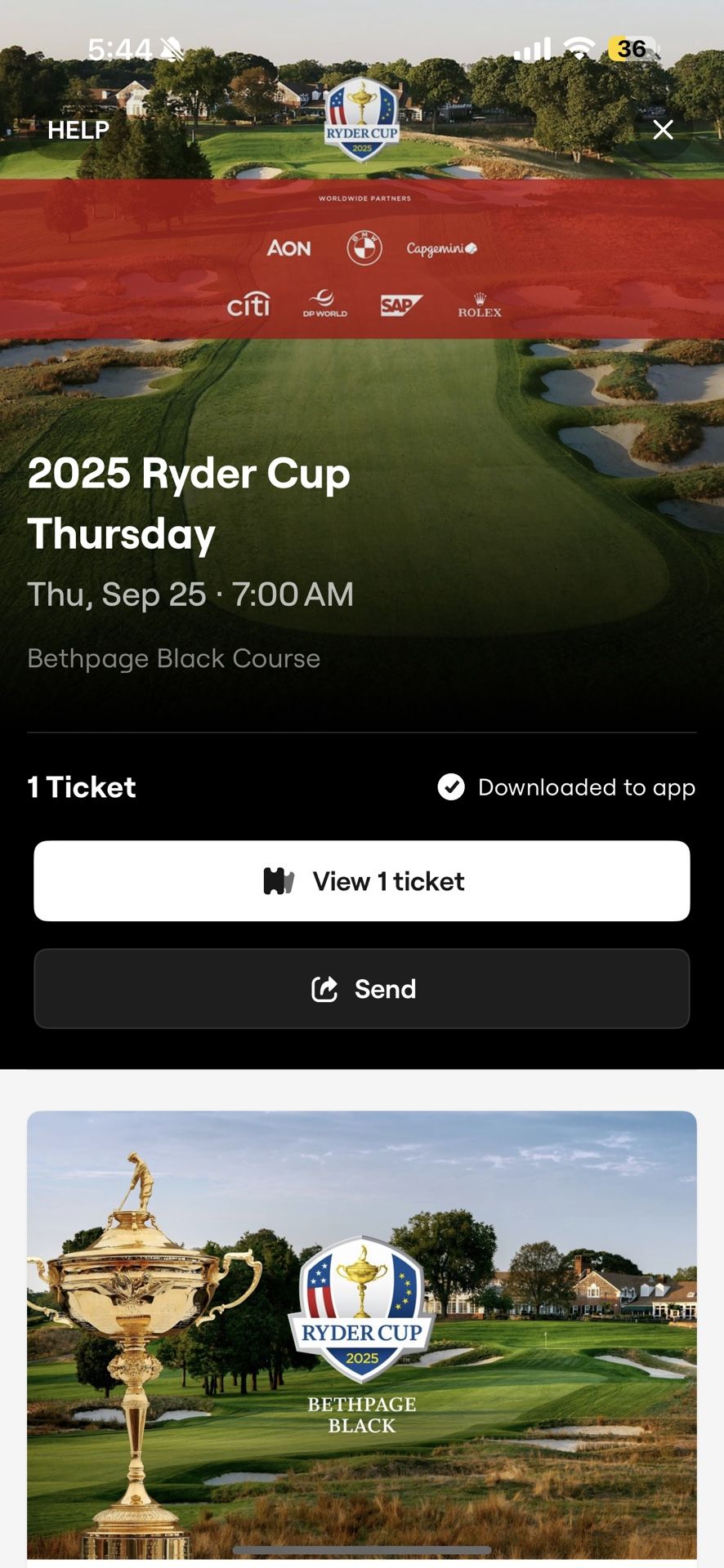 2025 Ryder Cup Bethpage Black THURSDAY TICKET International Pavilion