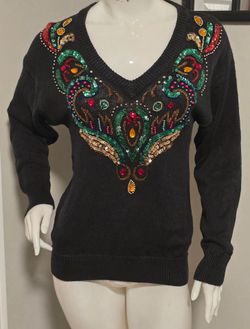 Vtg 80s Jessica Stevens V-Neck Sweater Size Small Bev Goldberg Holiday Pull Over