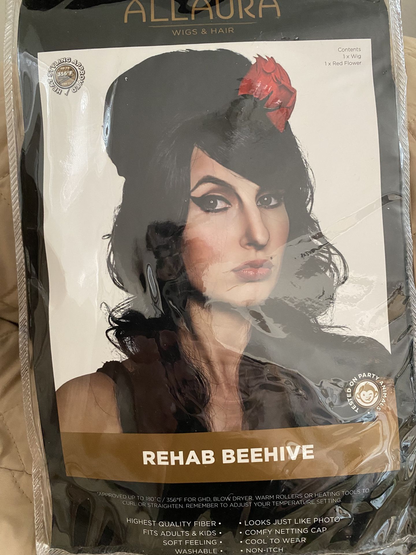 ALLAURA Rehab Beehive Wig. Comes With Wig and Red Flower