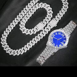 Iced Cuban Link Chain + Bust Down Watch Set – 15MM – BRAND NEW