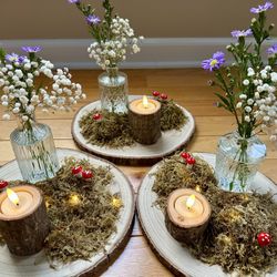 8 Rustic Fairy-Light Centerpieces w/ Table Number Holders – Woodland / Forest Wedding Décor 